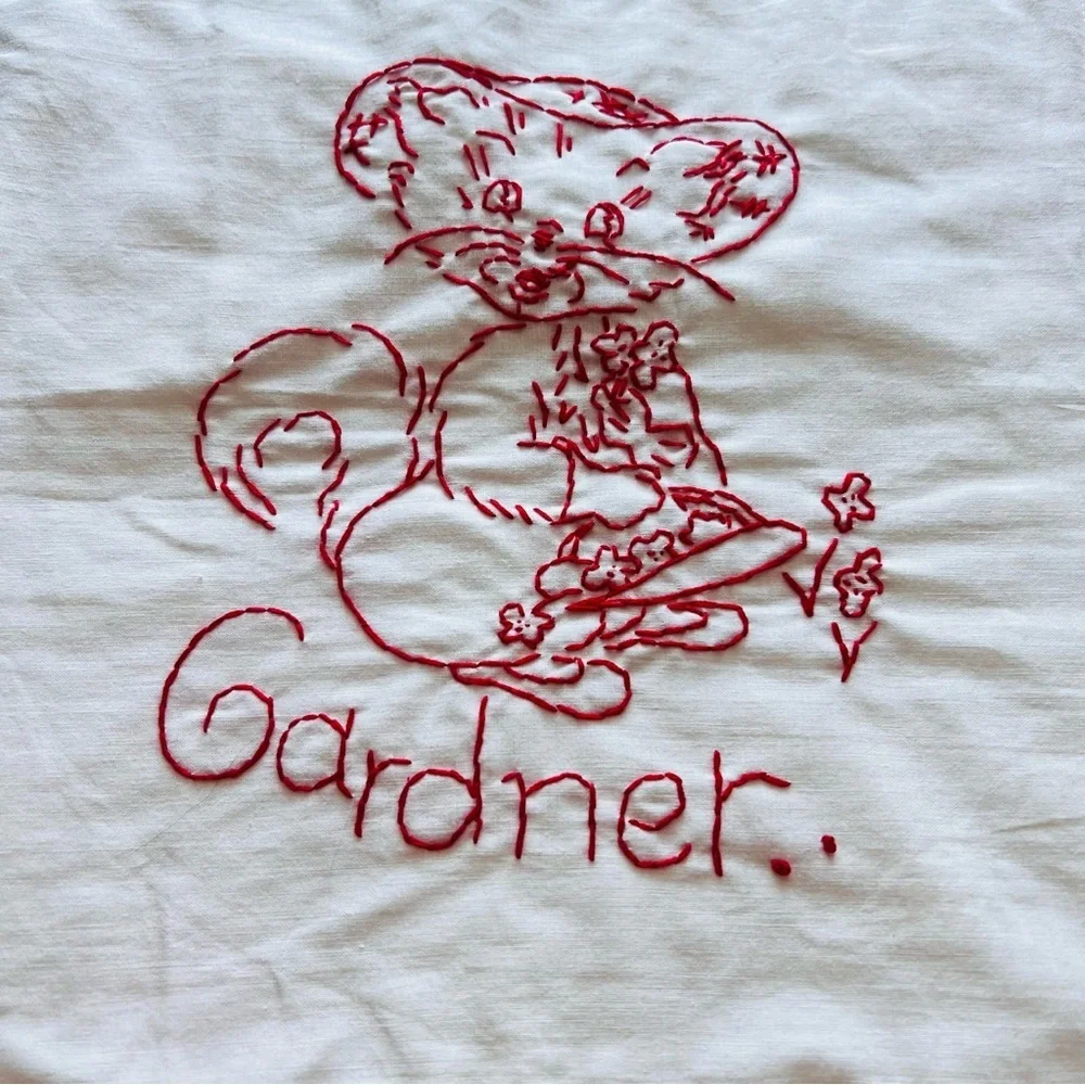 Hand-Embroidered Redwork Quilt – “Career Cats” Theme – 6 Panels